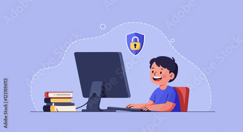 A happy young boy engages with educational content on a computer while ensuring online safety in a secure environment.