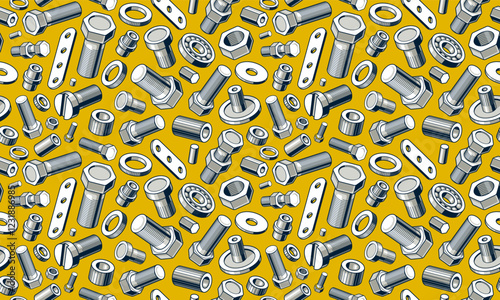 Bolts and nuts seamless background, repair and maintenance workshop tiling wallpaper, mechanic technics service endless pattern, elements easy to use separately.
