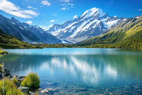 Majestic Reflection of Snow-Capped Peaks in Tranquil Alpine Lake Under Bright Blue Sky