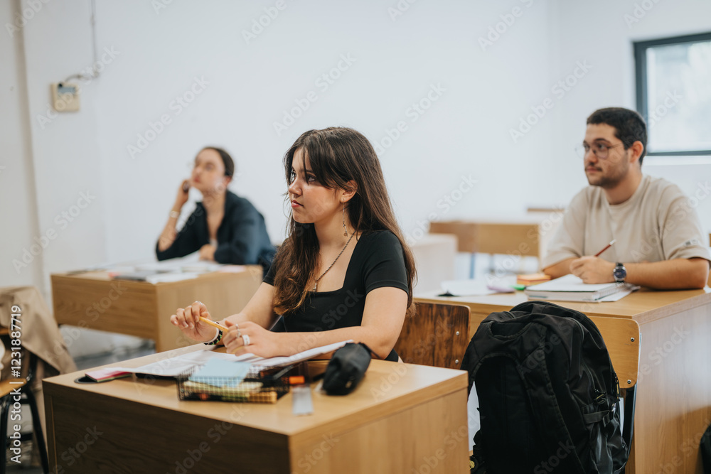 Fototapeta premium High school students focus on a lesson while seated at desks in a classroom setting. The image captures attentive expressions and an engaging learning environment.