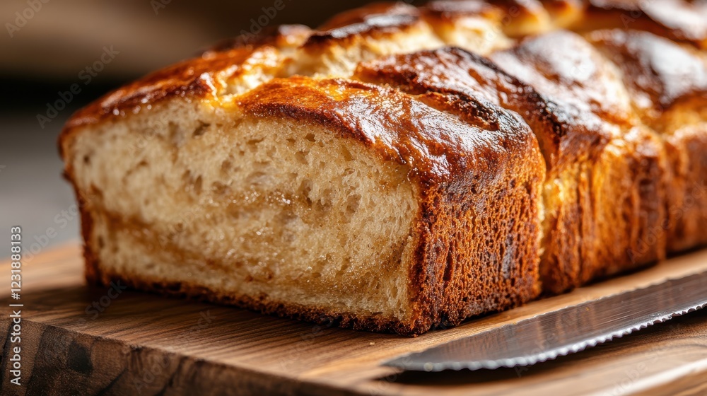 Freshly baked loaf of bread on wooden cutting board with knife Freshly baked loaf of bread on wooden cutting board with knife