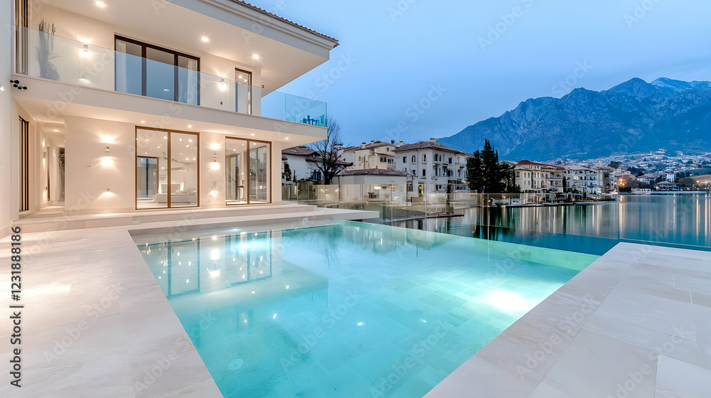 Fototapeta premium Modern villa pool, lake view, mountain background, luxury real estate