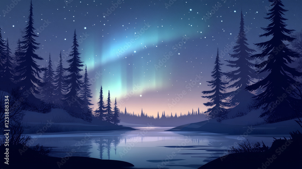 Fototapeta premium Aurora borealis, northern lights in arctic night sky with stars on bookmarks. Vector vertical banners with cartoon winter landscape with lake, silhouettes of trees and polar lights
