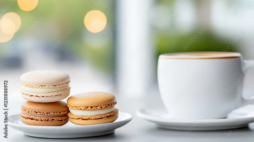 Indulging in colorful macarons with a warm cup of coffee during a break Indulging in colorful macarons with a warm cup of coffee during a break