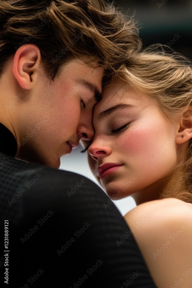 A young couple snuggles up close in a warm and intimate moment A young couple snuggles up close in a warm and intimate moment