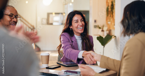 Happy, business people or meeting with handshake for promotion, hiring or recruiting at office. Group, employees or shaking hands with candidate for job opportunity, deal or partnership at workplace