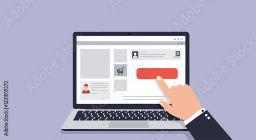 Hand hovering over a large red button on a laptop screen showcasing an online shopping interface next to a green plant.
