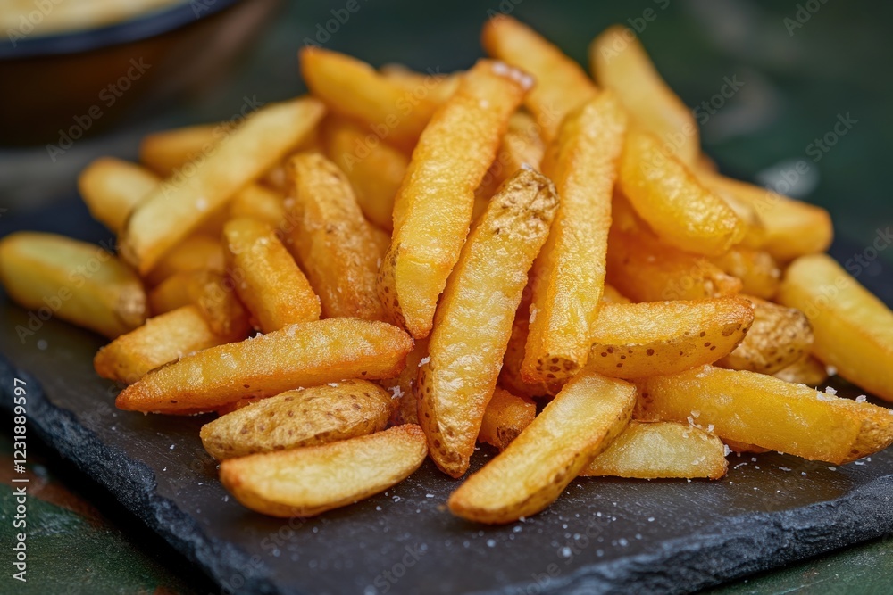 A serving of crispy french fries resting on a sleek black plate, perfect for a casual dinner or snack A serving of crispy french fries resting on a sleek black plate, perfect for a casual dinner or snack
