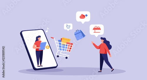 A woman interacts with a mobile app, ordering products online, as icons of shopping items float around a digital screen.