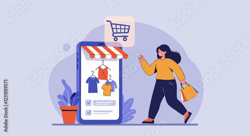 Woman shopping online using a smartphone app. She walks confidently with a shopping bag, embracing the digital retail experience.