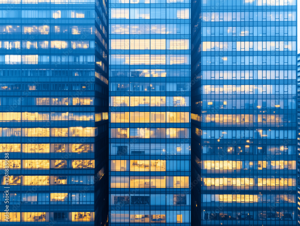 Exterior office building with windows illuminated at night. Concept for employment, business, corporate, working, business people, modern life, busy people, city Exterior office building with windows illuminated at night. Concept for employment, business, corporate, working, business people, modern life, busy people, city