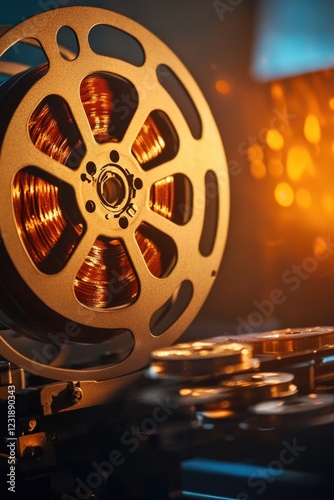 A close-up shot of a film reel on a table, great for representing cinema or movie themes