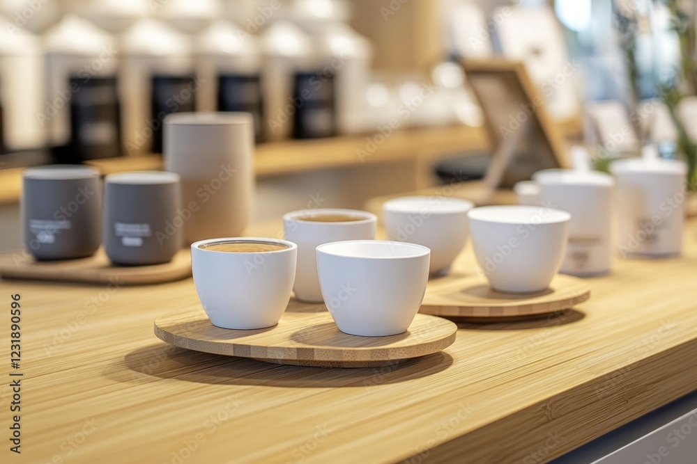 A rustic wooden counter filled with ceramic cups and saucers, perfect for a vintage-themed cafe or rustic event A rustic wooden counter filled with ceramic cups and saucers, perfect for a vintage-themed cafe or rustic event