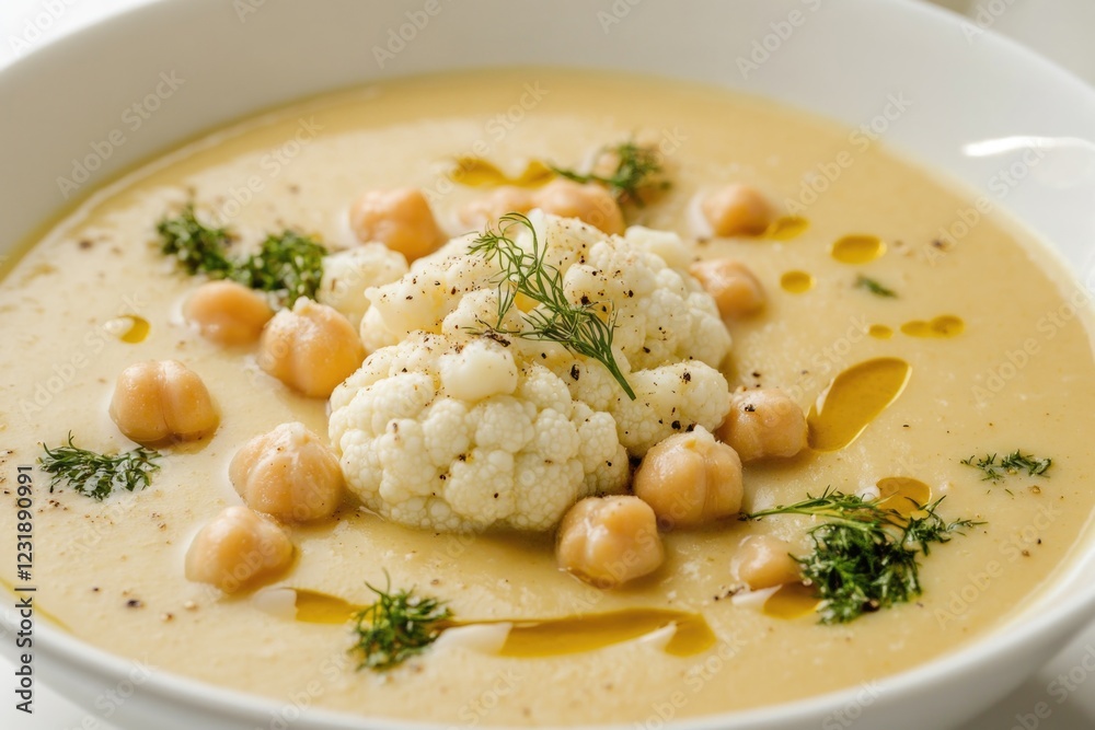 A warm and comforting bowl of soup filled with cauliflower, chickpeas, and creamy texture A warm and comforting bowl of soup filled with cauliflower, chickpeas, and creamy texture