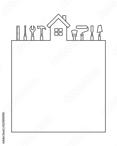 House with work tools in thin line art design. Border and frame with blank and empty copy space for text.