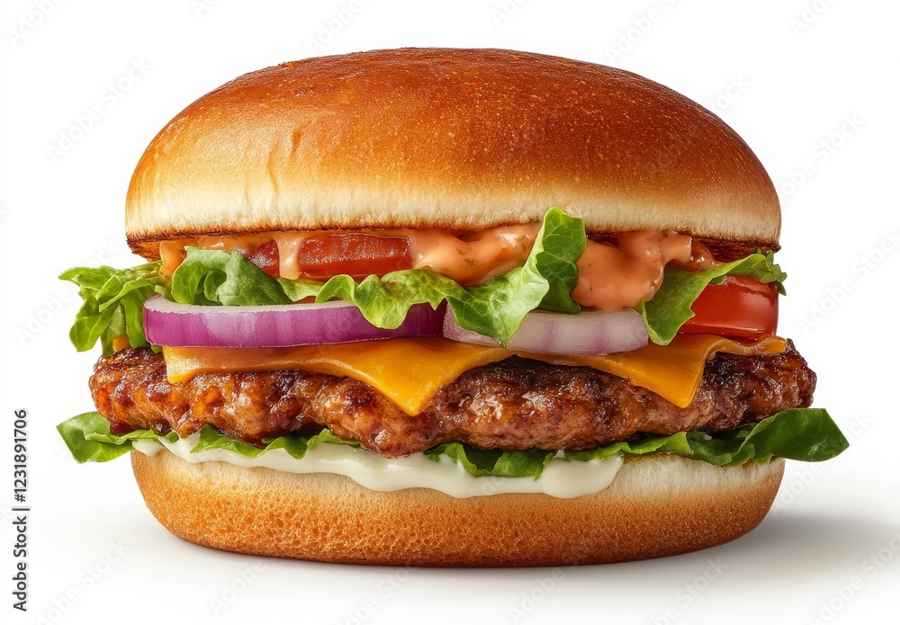 Juicy cheeseburger with lettuce, tomato, onion, and sauce on a sesame bun. Juicy cheeseburger with lettuce, tomato, onion, and sauce on a sesame bun.