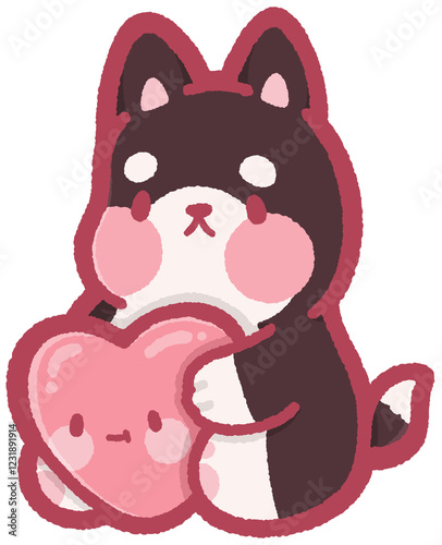 cute dog sitting and holding a pink heart for Valentine's Day