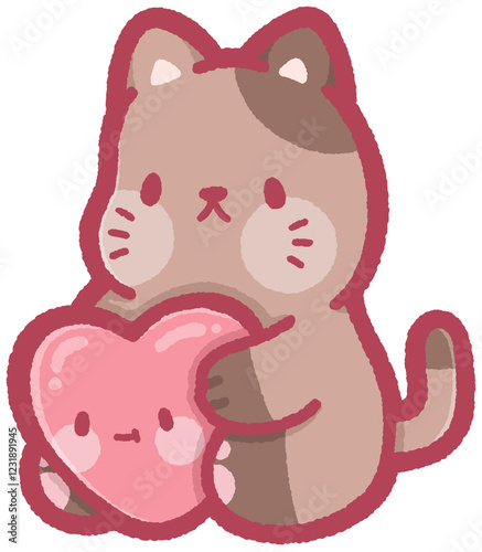 cute cat sitting and holding a pink heart for Valentine's Day