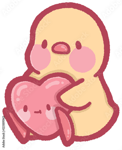 cute chicken sitting and holding a pink heart for Valentine's Day