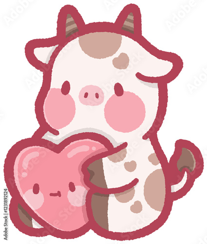 cute cow sitting and holding a pink heart for Valentine's Day