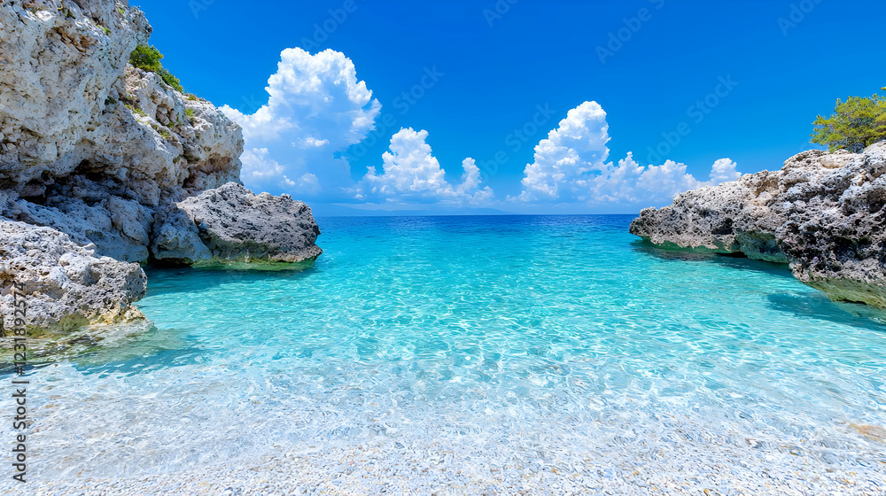 Fototapeta premium Secluded cove, turquoise water, sunny day, pebble beach, summer vacation