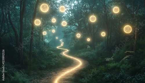 A spiritual path winding through an enchanted forest with glowing orbs of light floating above guiding the way