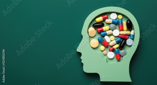 Colorful pills and capsules inside a silhouette of a human head, symbolizing mental health