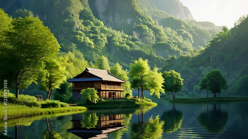 Traditional Wooden House by a Tranquil Lake Surrounded by Lush Green Forest and Mountains in Soft Sunlight
Traditional Wooden House by a Tranquil Lake Surrounded by Lush Green Forest and Mountains in Soft Sunlight