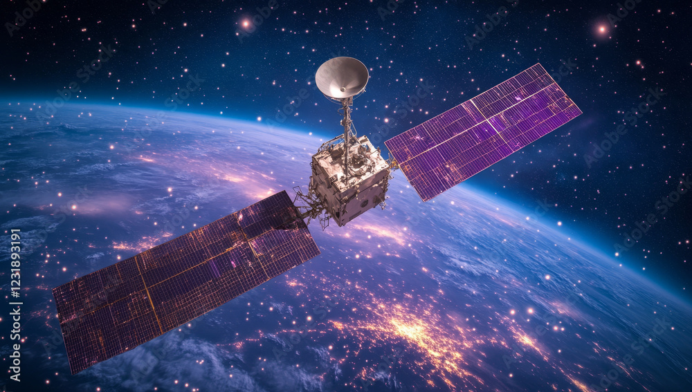 Satellite orbiting Earth, solar panels deployed, starry night.