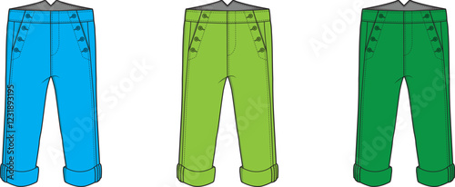 Kids Fashion- Three Color Cropped Pants Technical Flat Sketch