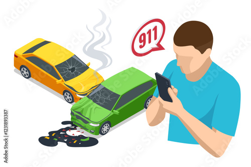 Car crash. Isometric vector illustration of a car accident with two damaged cars. A man in a blue shirt is calling emergency services, with a 911 speech bubble above him. Smoke and oil spill visible