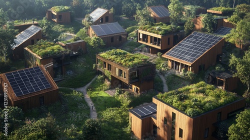 Eco-village, sustainable homes, green roofs, solar panels, hilly landscape, aerial view, architecture design