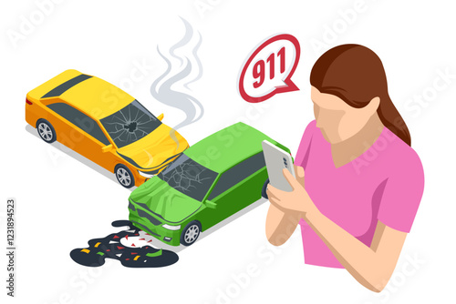 Car crash. An isometric vector illustration of a car accident with two damaged cars. A woman is calling emergency services, with a 911 speech bubble above him. Smoke and oil spill visible
