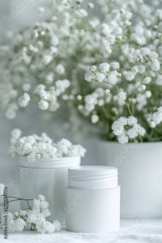 Two white containers placed on a table surface