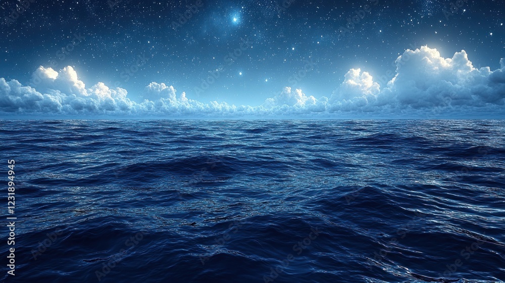 Fototapeta premium Starry Night Ocean, Cloudscape, Calm Sea, Night Sky, Background, Fantasy