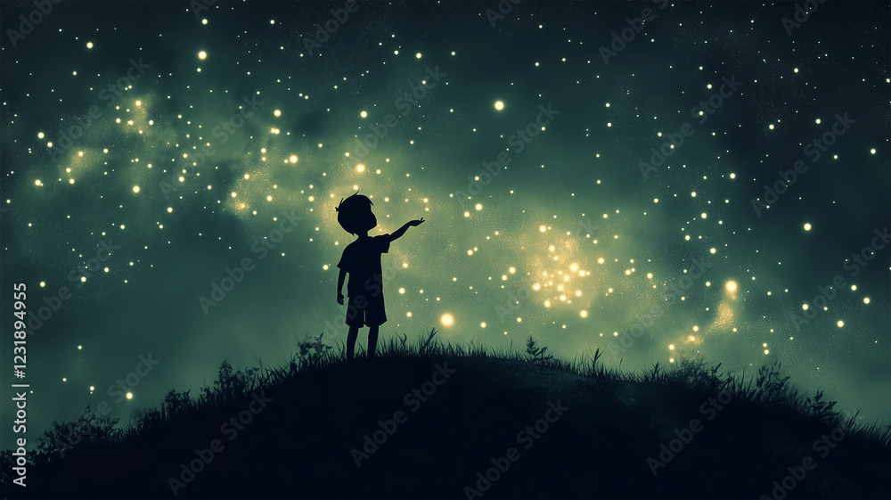 Fototapeta premium 星降る夜空を指さす少年のシルエットと無限の夢