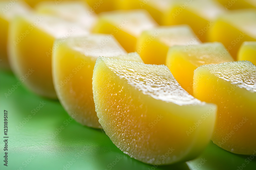 Yellow fruit slices on green, close-up. Food photography Yellow fruit slices on green, close-up. Food photography