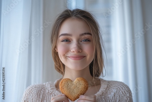 A woman holds a heart-shaped cookie in front of her face, possibly feeling shy or playful