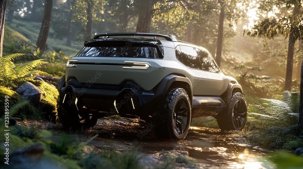 Electric SUV off-road forest drive sunrise Electric SUV off-road forest drive sunrise