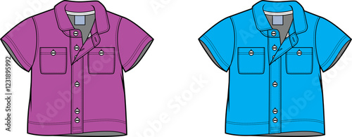 Kids Short Sleeve Button Down Shirt Fashion Flat Sketch Design Template