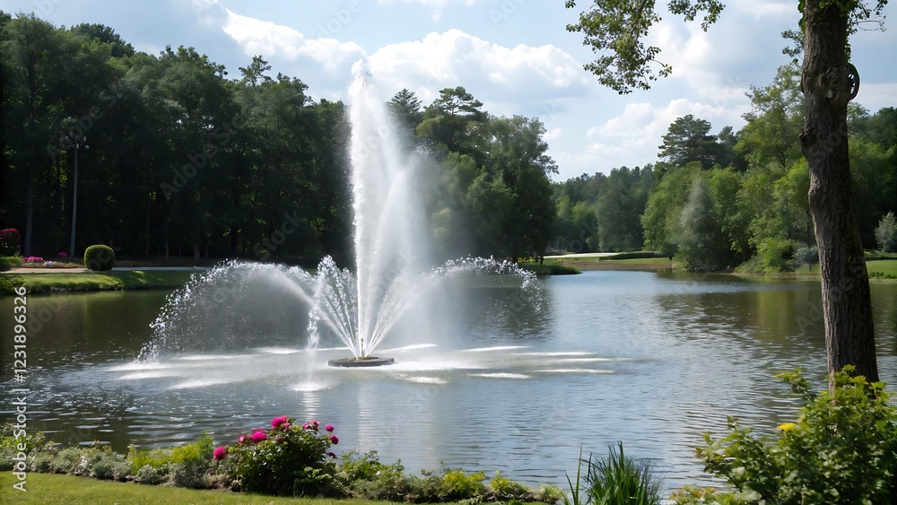 Elegant Fountain in a Blooming Garden Landscape Elegant Fountain in a Blooming Garden Landscape