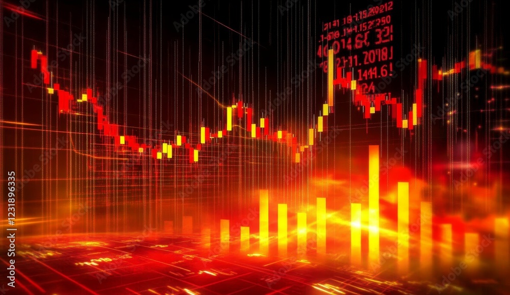 Red and orange candlestick chart depicting market downturn. Red and orange candlestick chart depicting market downturn.
