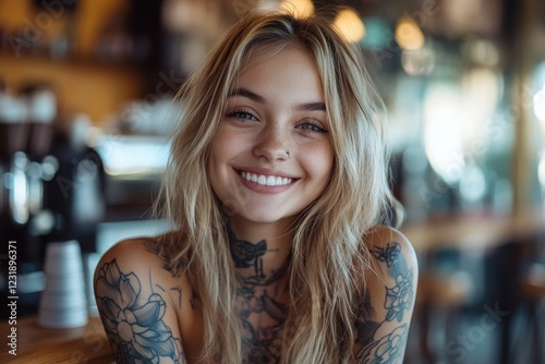 Wallpaper Mural A woman sits at a table with various tattoos, giving a glimpse into her personality and style Torontodigital.ca