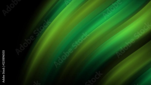 A vibrant abstract design featuring flowing green curves against a black background.