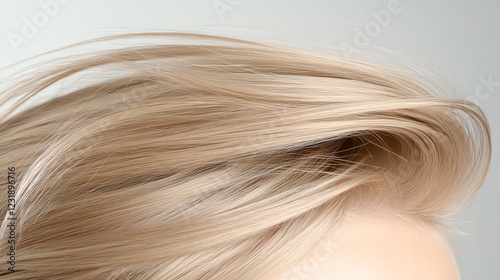 Close-up of healthy, vibrant blonde hair swaying gently against a neutral background, showcasing texture and movement.