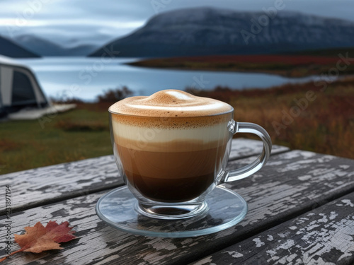 Cappuccino in a glass cup on a wooden table with a view of the mountains among the landscape of the Norwegian fjords photo