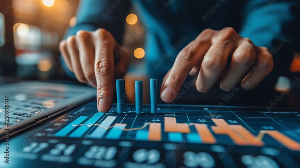 Fototapeta premium A person is pointing at a graph on a computer screen. The graph shows a downward trend. The person is using a stylus to point at the graph