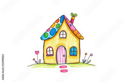 Children's drawing of a house on white background. Pencil or felt-tip pen drawing. photo