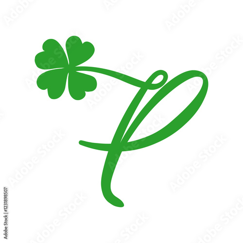 Símbolo de primavera. Logo con letra inicial P con trébol de cuatro hojas para felicitaciones y tarjetas del día de San Patricio