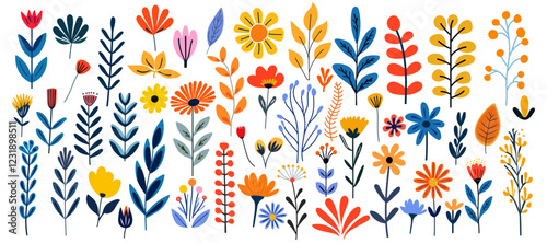 Abstract Hand drawn wildflowers, set flowers and leaves, flat icons. Vector illustration